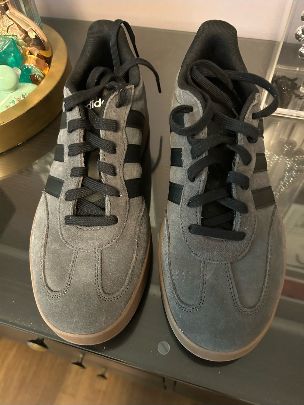 adidas Gray Suede Sneakers with Black Stripes